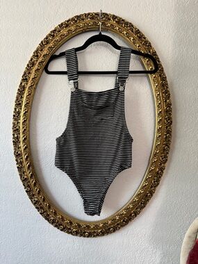 SHEIN Black and White Striped Ribbed Suspender Bodysuit